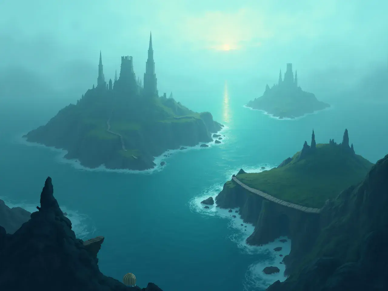 Drifting broken islands and coastal ruins in the cove